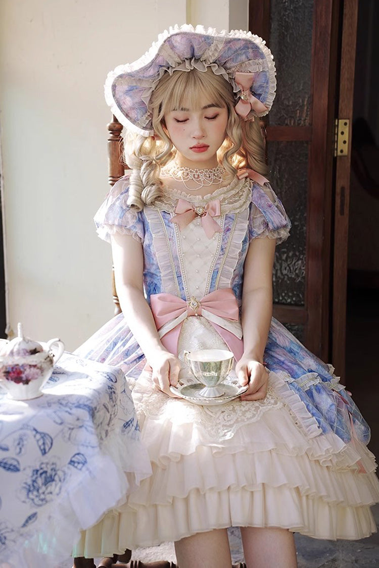 Angel Heart Sky Oil Painting Printed Bow Cardigan Sweet Lolita Dress - Multi-Color
