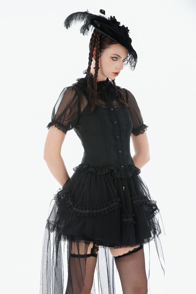 Courtly Gothic Blouse with Puff Sleeves and Lace, Black