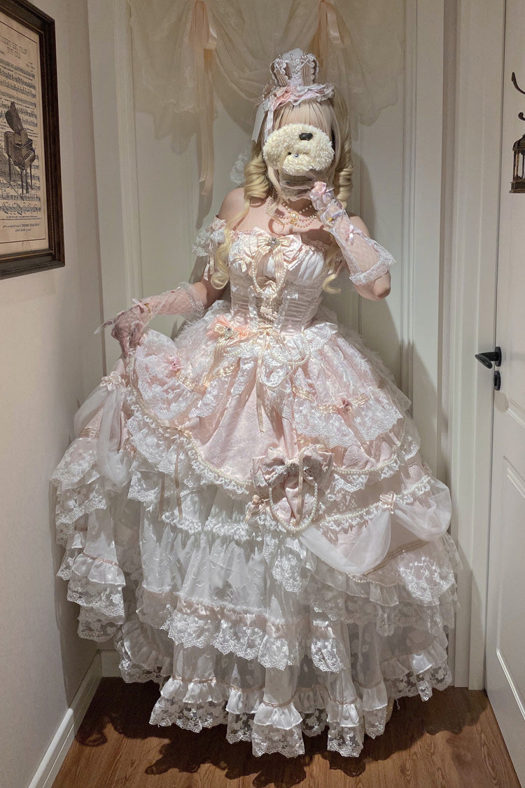 Anna's Ball Square Collar Ruffled Hanayome Bow Lace Ballet JSK - Pink