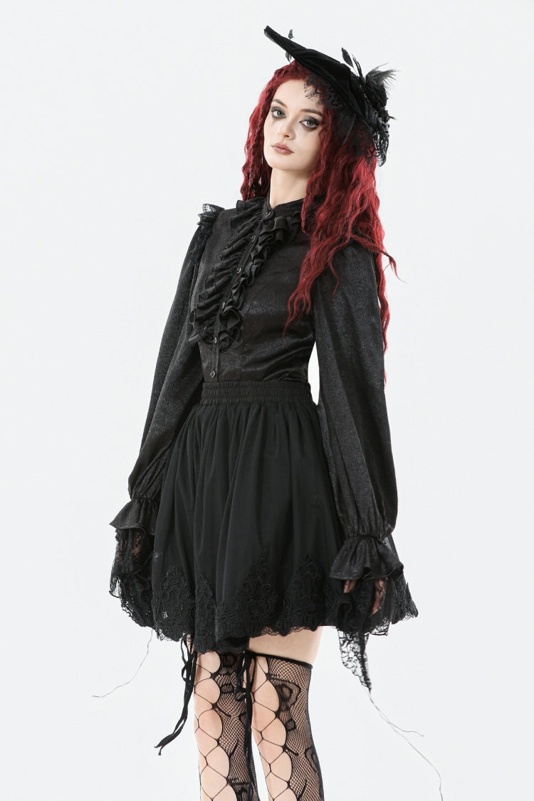 Jet-Black Gothic Blouse with Lantern Sleeves and Ruffled Lace