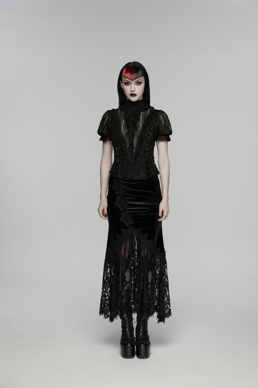 Slim Gothic Fishtail Velvet Skirt for Women with Embroidered Lace, Black