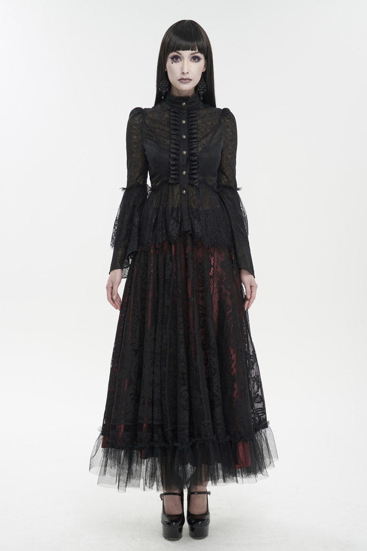 Gothic Round-Neck Flared-Sleeve Black Lace Women's Elegant Blouse