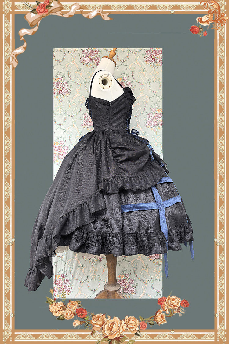 Sleeveless Printed Ruffled Bow Lace-Up Gothic Elegant Jsk Dress - Two Colors