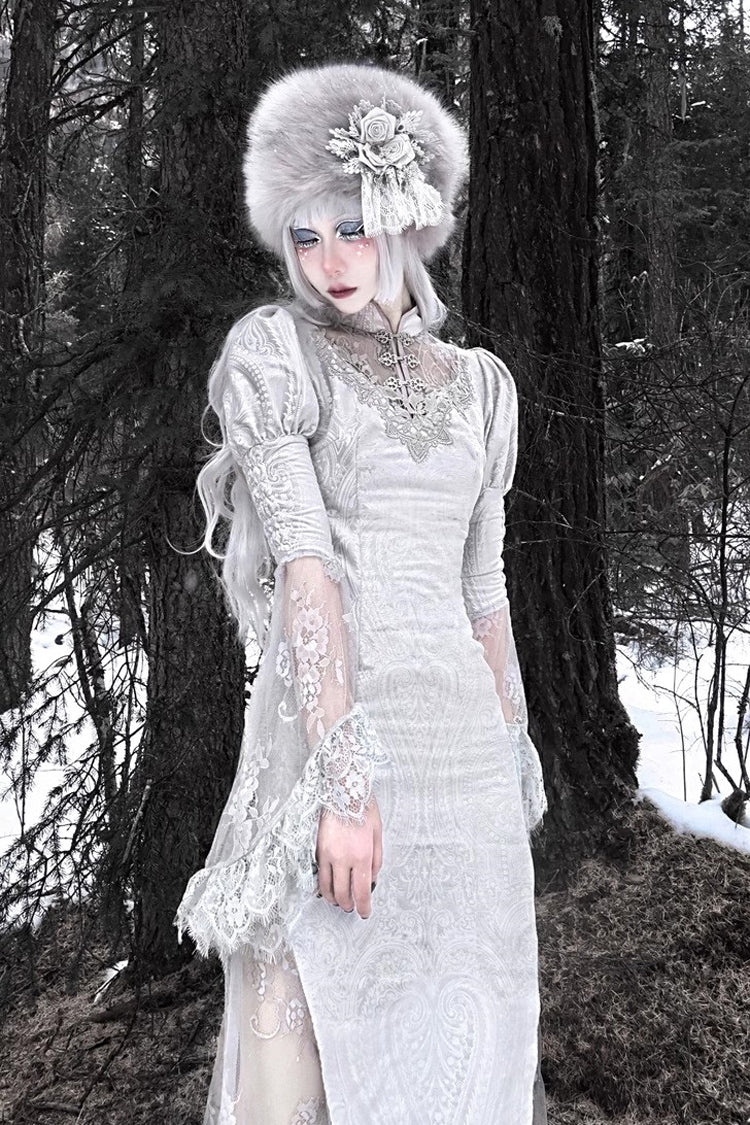 Silver High-Waisted V-Neck Long Sleeve Lace Ruffle Gothic Fishtail Dress - The Call of the Snow Country