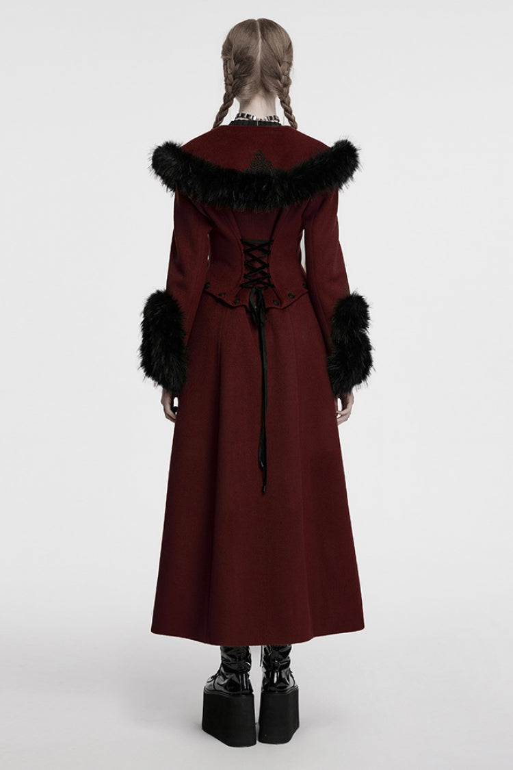 Crimson Faux Fur Lace-Up Detachable Gothic Coat