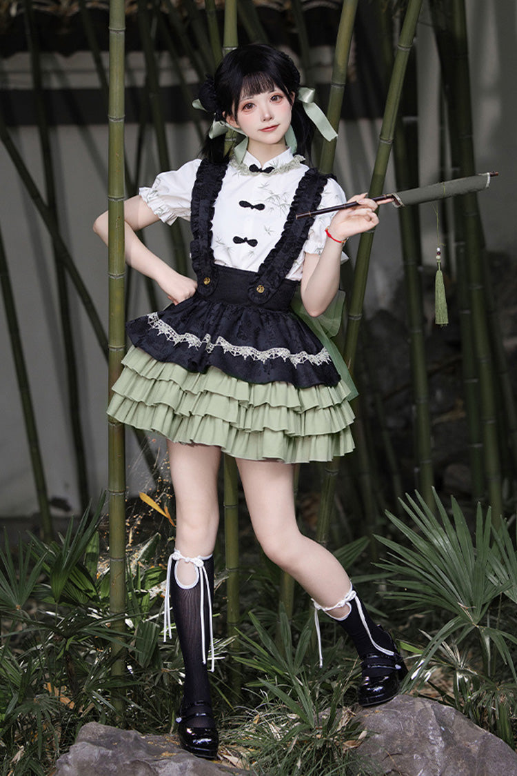 Bamboo Leaves Print Ruffle Bowknot Chinese Lolita Skirt Set