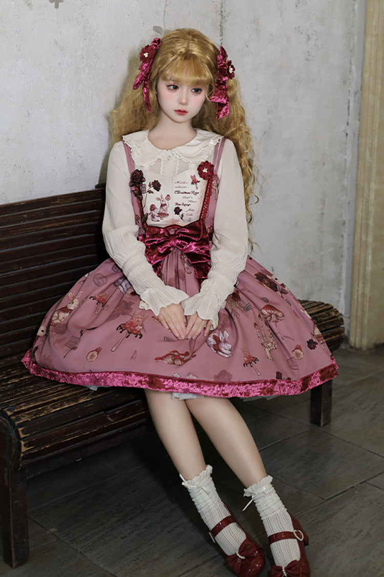 Sleeveless Rabbit Sunflower Print Ruffle Embroidery Bow Sweet JSK Dress Short in Red