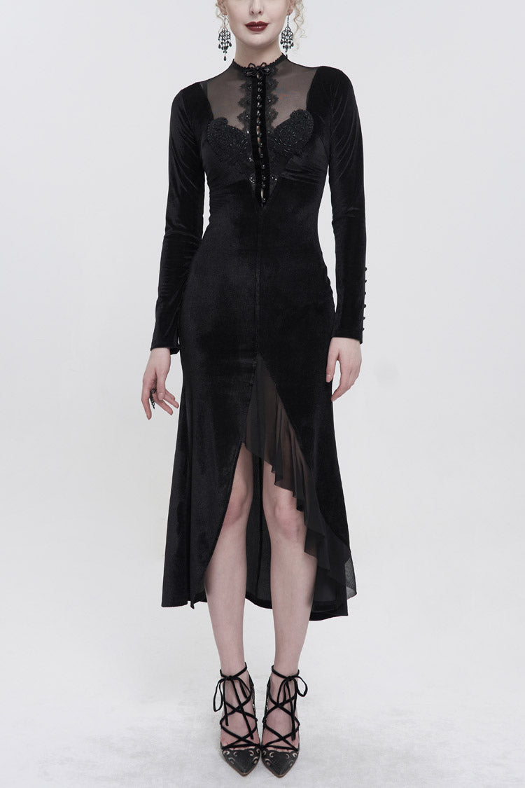 Stand Collar Paisley Lace Mesh Panel Asymmetric Hem Gothic Dress