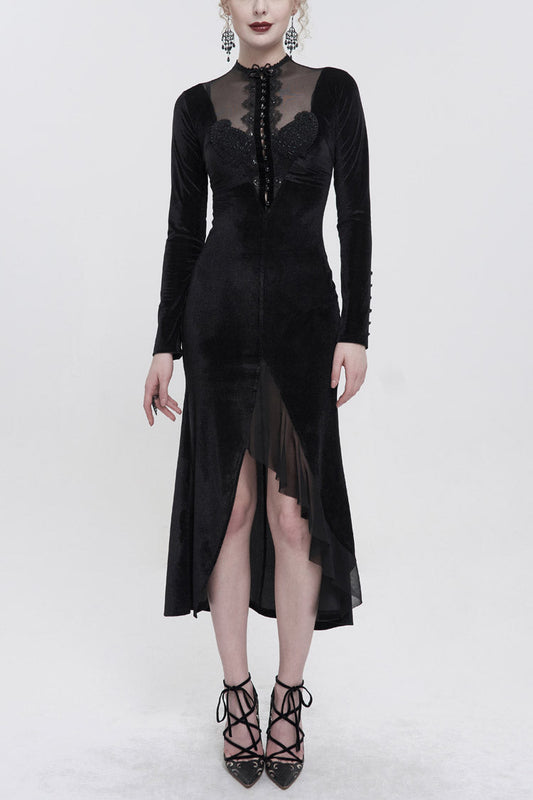 Stand Collar Paisley Lace Mesh Panel Asymmetric Hem Gothic Dress