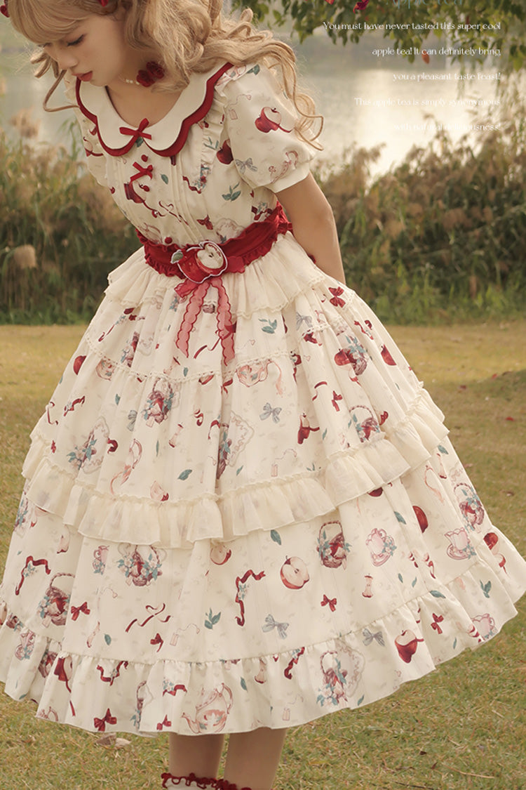 White Apple Tea Printed Country Style Sweet Lolita Dress - Short Sleeved Ruffled