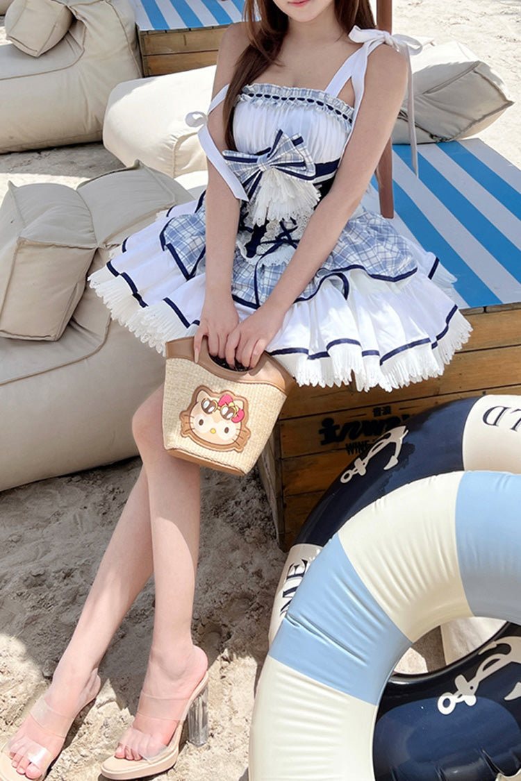 Blue/White Sailing Love Navy Collar Sleeveless Plaid Print Ruffle Ribbon Girly Lolita Dress