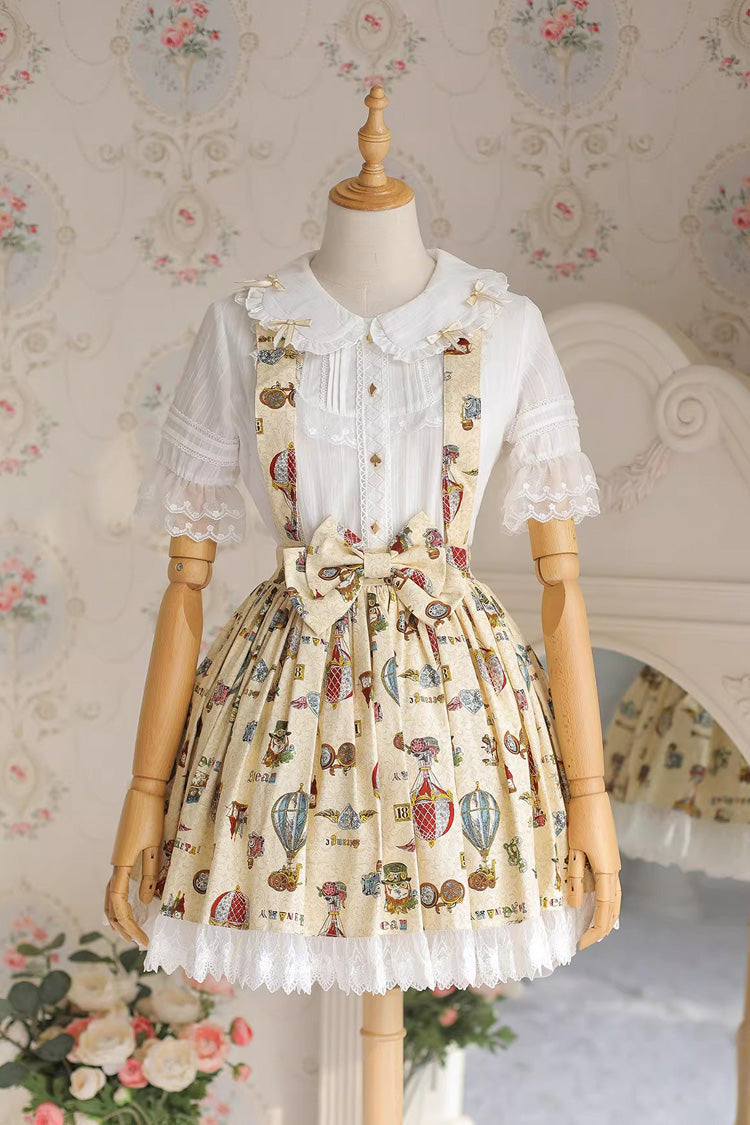Lolita JSK Dress with Bow and Lace Print - Mechanical Balloon, 2 Tones