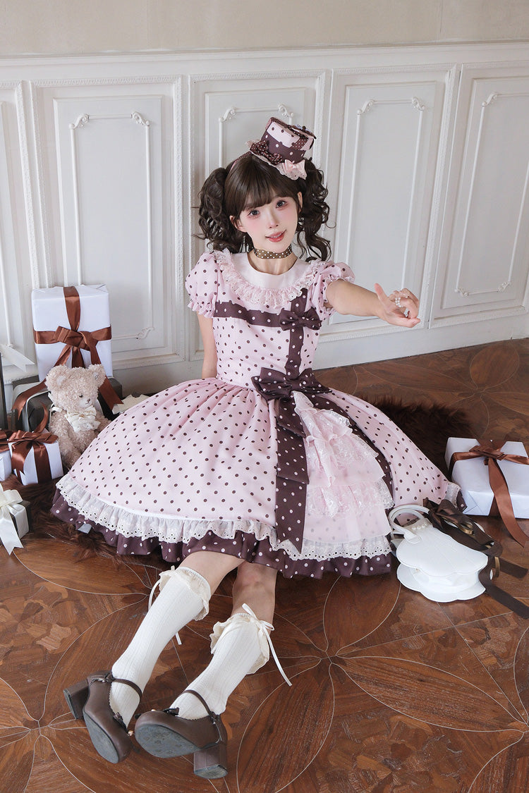 Canelé Gift Box Round Collar Short Sleeves Double-Layered Printed Polka Dot Ruffled Open-Front Bow Asymmetric Sweet Lolita Dress - Pink