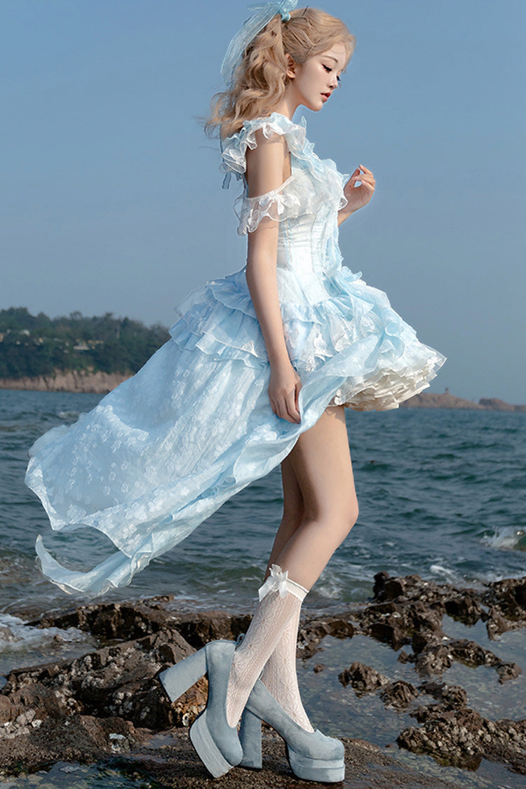 Blue Summer Bubbles Sleeveless Ruffle Embroidered Lace Irregular Train Jsk Dress