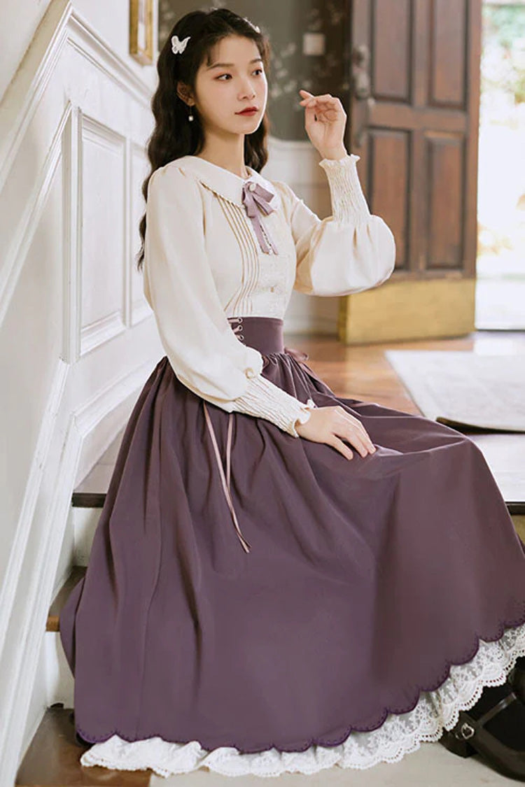 High-Waisted Lace Wave Hem Two-Piece Classic Lolita Dress