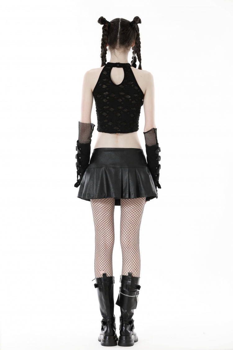 Gritty Black Eyelet Lace-Up Ripped Halter Punk Tank Top