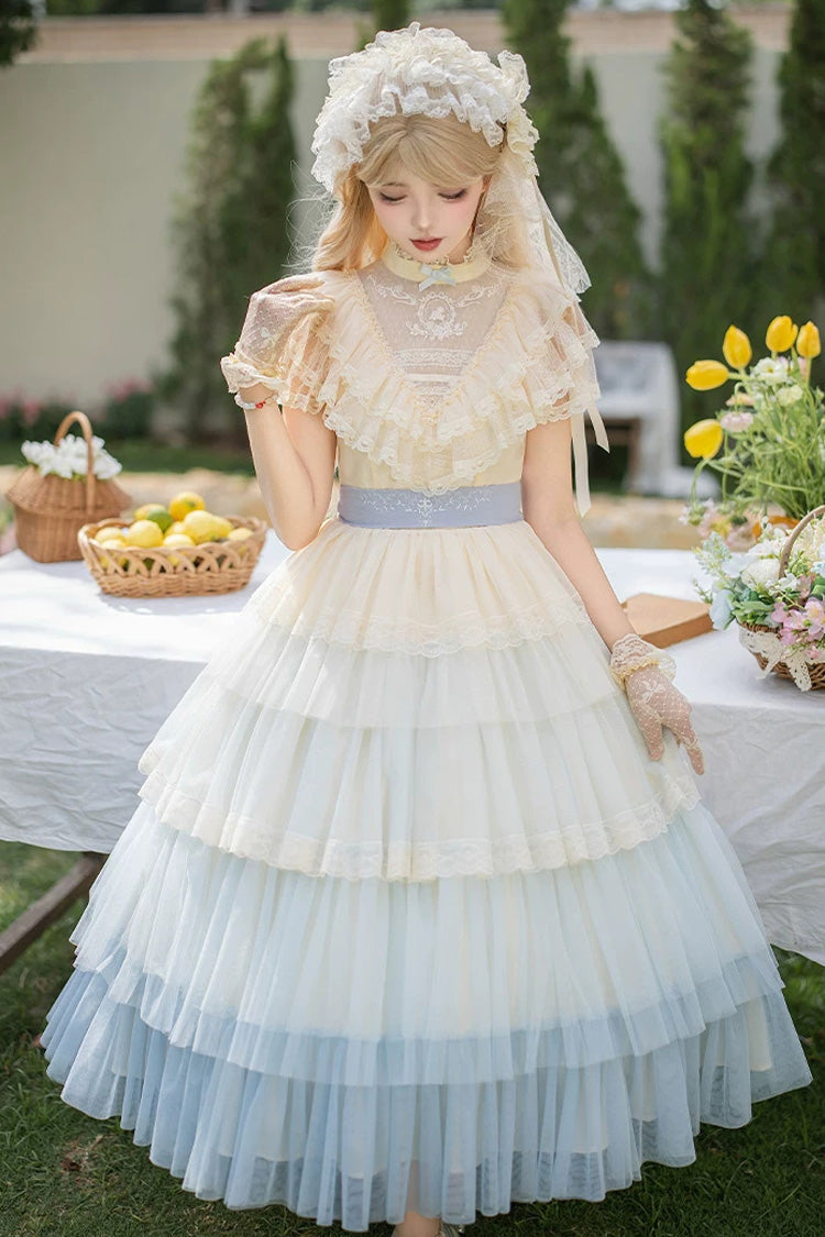 Sweet Lolita Dress with Edwardian Collar and Ombre Ruffles - Blue