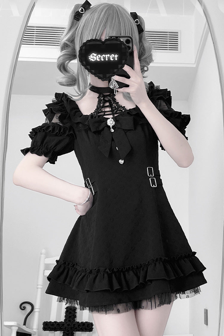 Black/White Halterneck Short Sleeve Ruffle Bowknot Lace Jirai Kei Japanese Gown 2 Colors