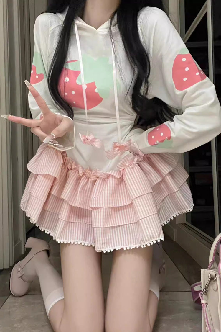 Ivory & Pink Long-Sleeve Triple Strawberry Print Hooded Sweet Lolita Dress