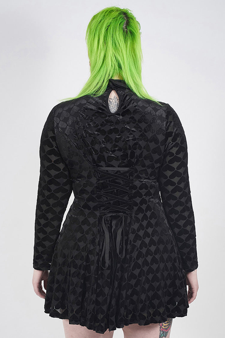 Front Chest Hollow-Out Decals Long Sleeve Back Waist Lace-Up Plus Size Velvet Print Gothic Dress