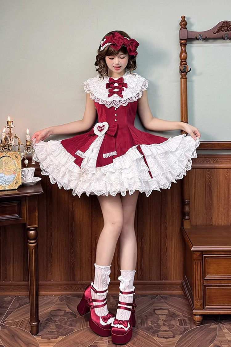 Red Asymmetric Lace Bow Sleeveless Multi-Layer Ruffle Sweet Lolita Dress - Miss Tsundere