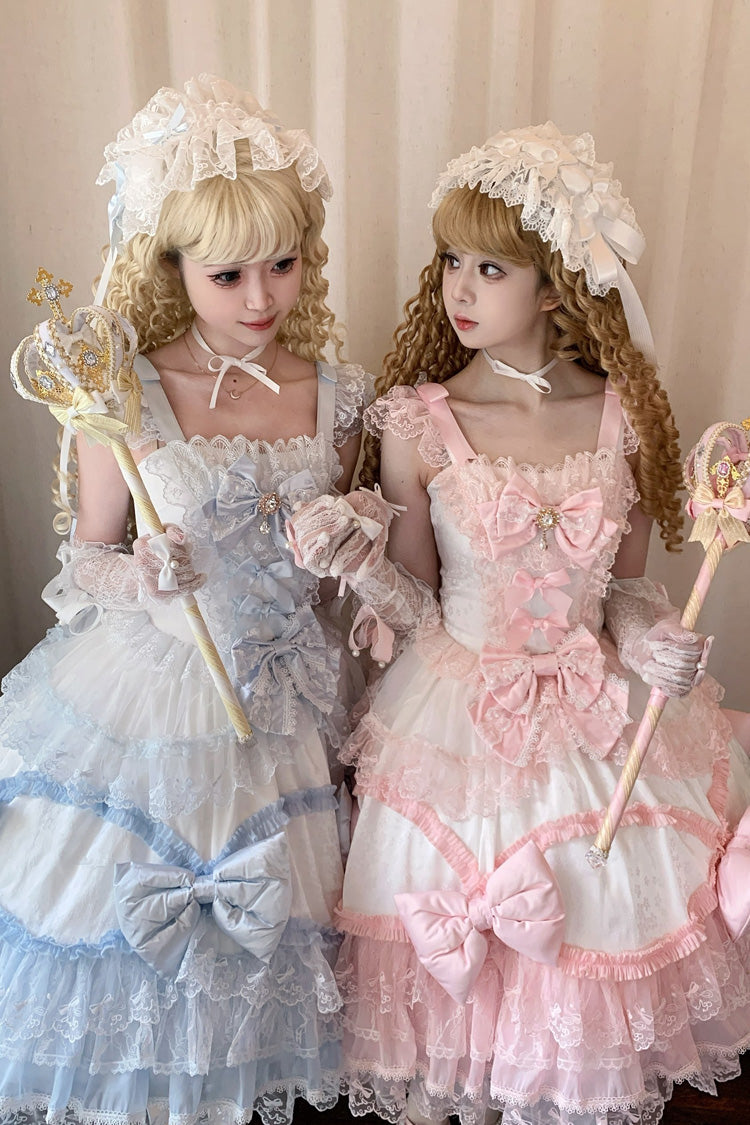 Ivory & Pink Square Collar Multi-Layer Ruffled Bow Lace Sweet Lolita JSK
