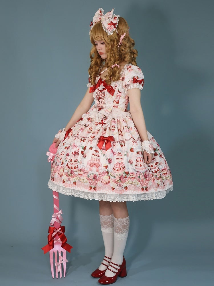 Print Set Dress Full Lolita Bow / Sweet Accents Cake Strawberry White