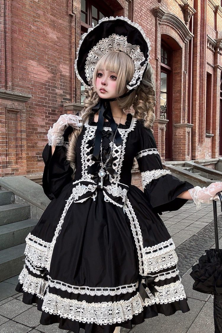 Black Trumpet Sleeve Gothic Dress with Lace and Bow