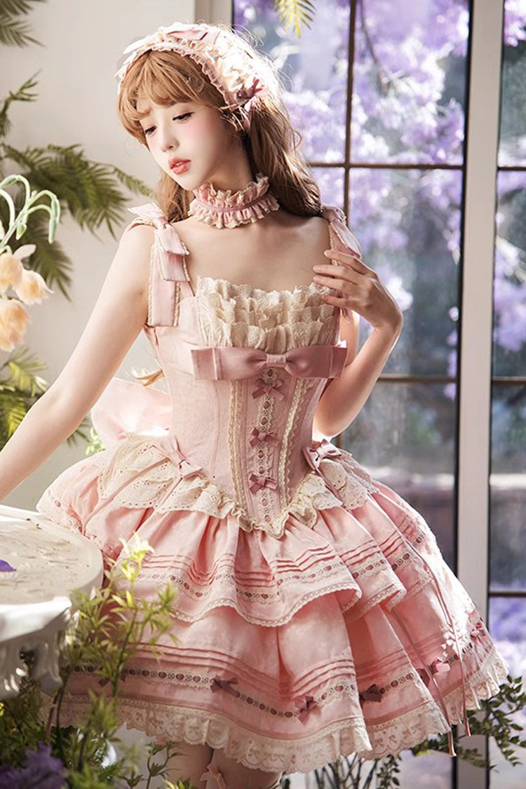 Rose Theatre Double-Layered Ruffle Bow Lace Princess Ballet JSK Dress in Pink