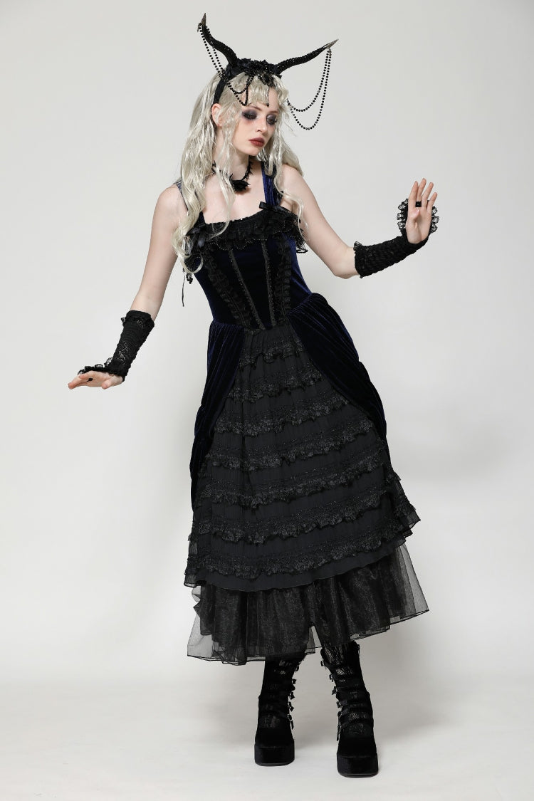Black/Blue Multi-Layered Lace Slip Dress for Women