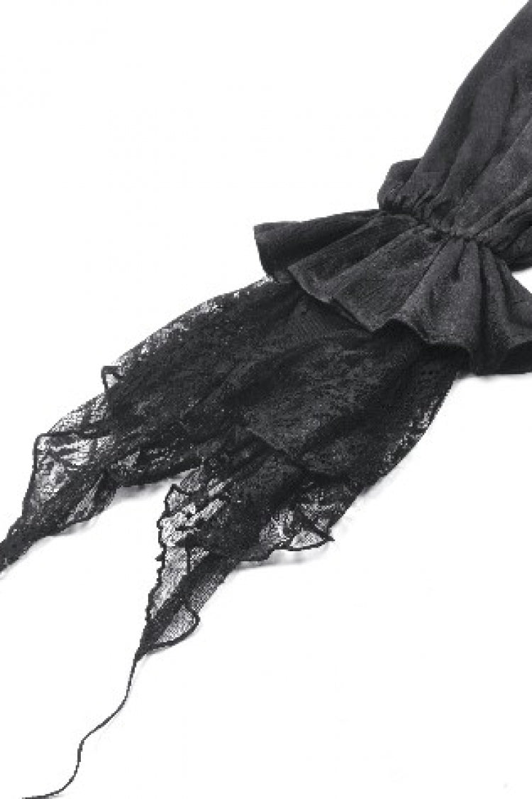 Jet-Black Gothic Blouse with Lantern Sleeves and Ruffled Lace