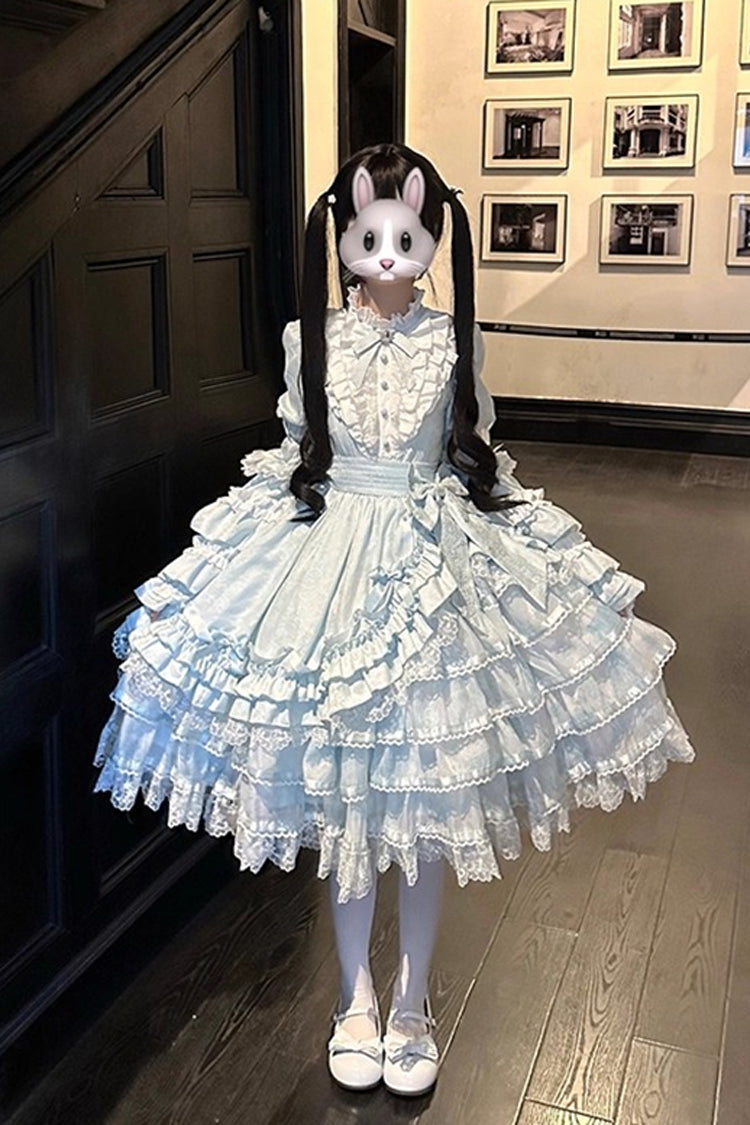 Blue Soloist Doll Long Hime Sleeve Multi-Layer Print Ruffle Bow Asymmetrical Sweet Lolita