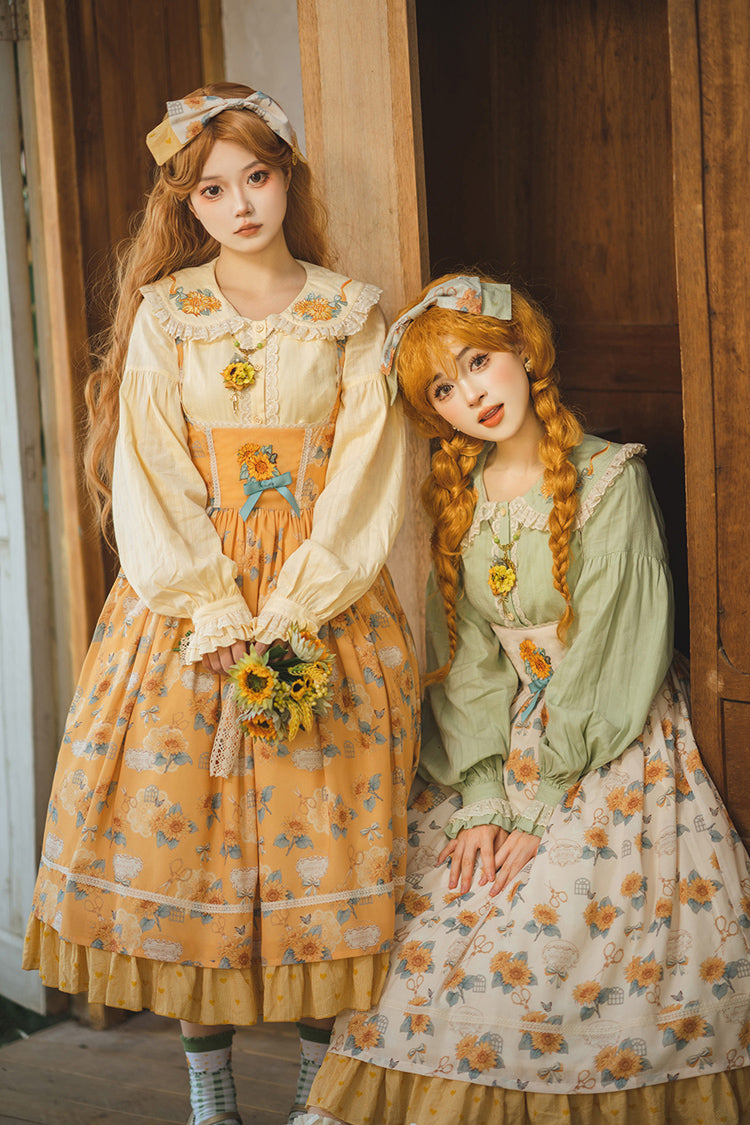 Apricot Sweet Elegant Uplift Lolita JSK Dress with Sleeveless Print Ruffles and Bowknot