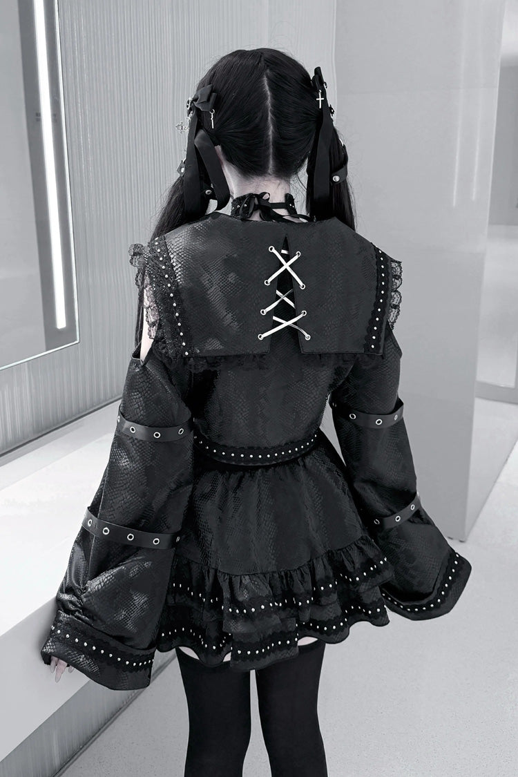 Serpent Navy Collar Snake Printed Studded Gothic Skirt Set