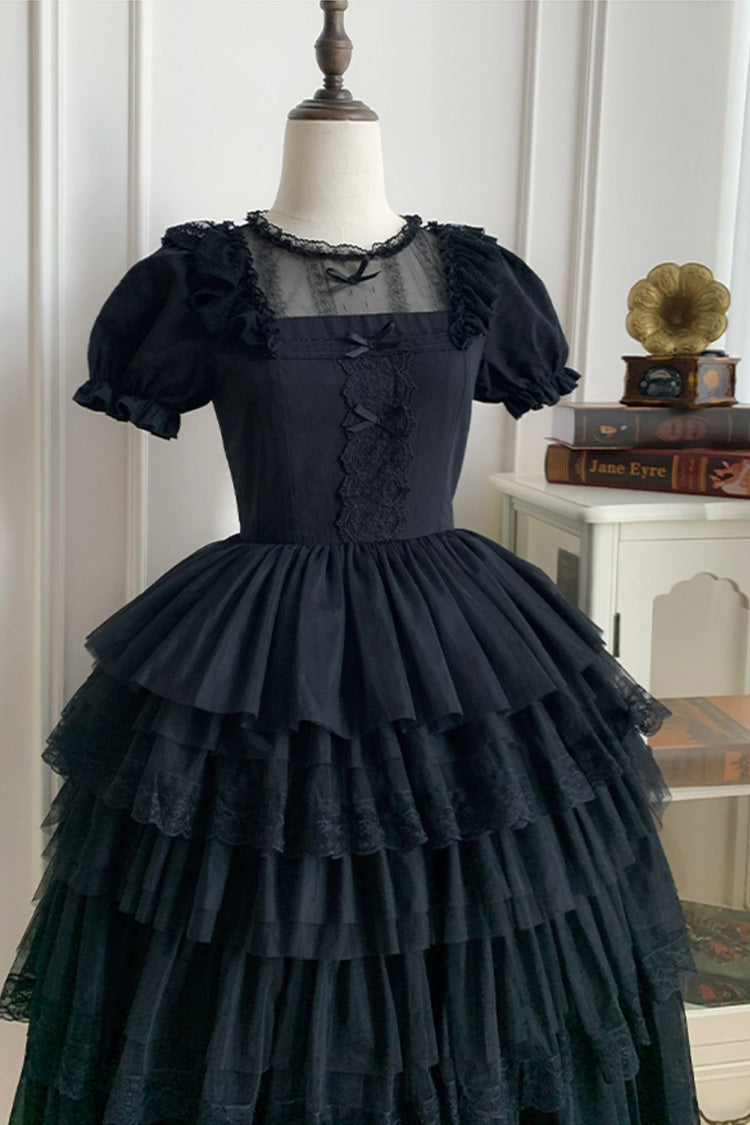 Black Gothic Dress with Five-Tiered Ruffle Sleeves