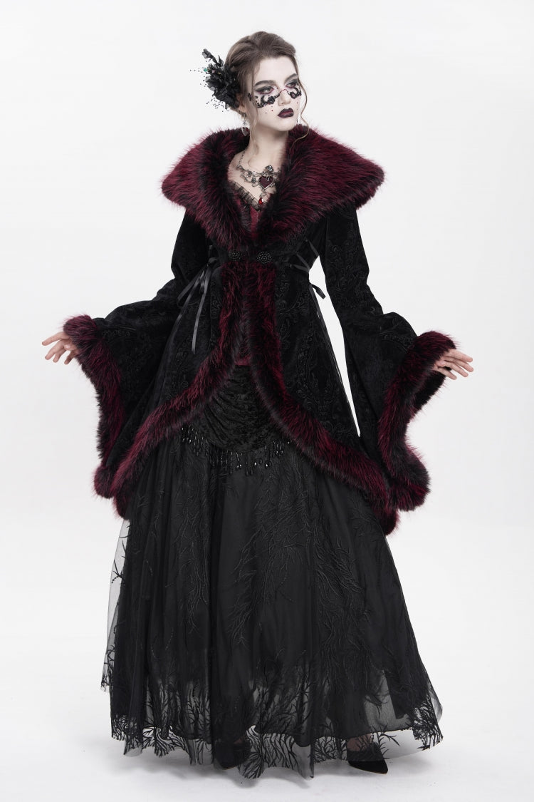 Crimson Floral Embroidered Gothic Fluffy Jacket