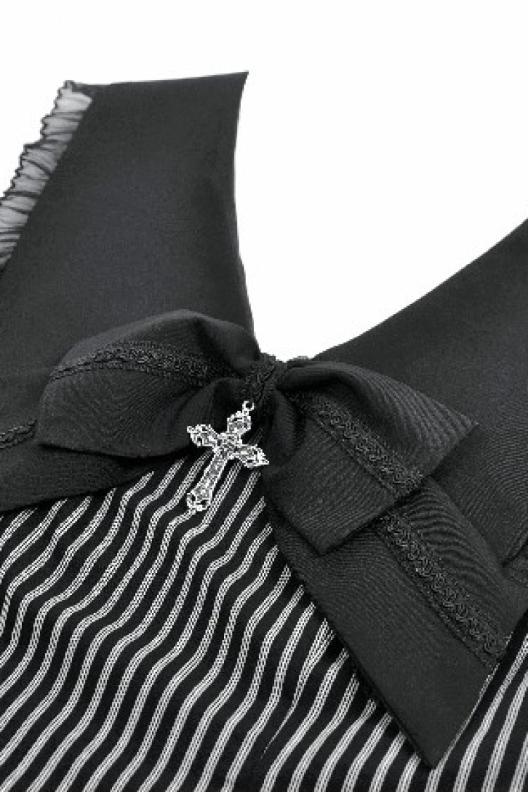 Bow Lace-Up Pinstripe Layered Sleeveless Dress - Gothic