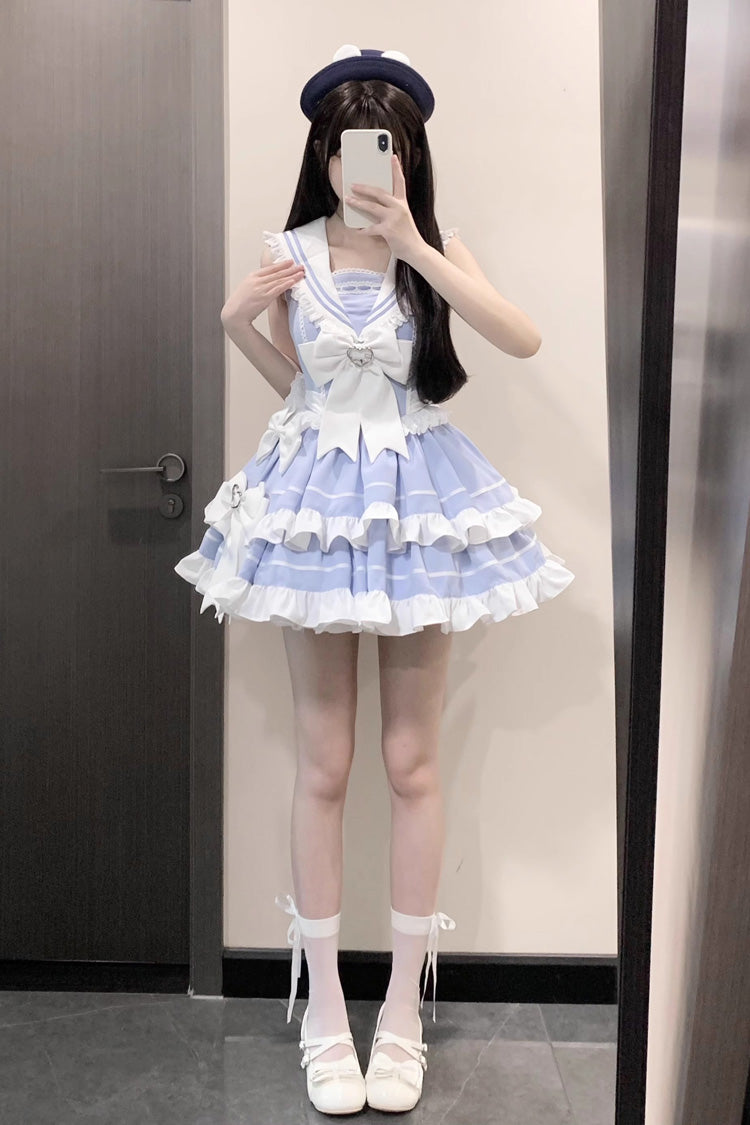 Light Blue Sleeveless Double Layer Lace Sweet Lolita Dress - Ruffled Bowknot