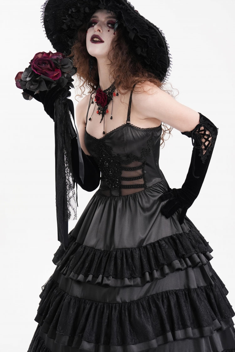 Gothic Mesh Dress with Ruffles and Lace-Up, Black