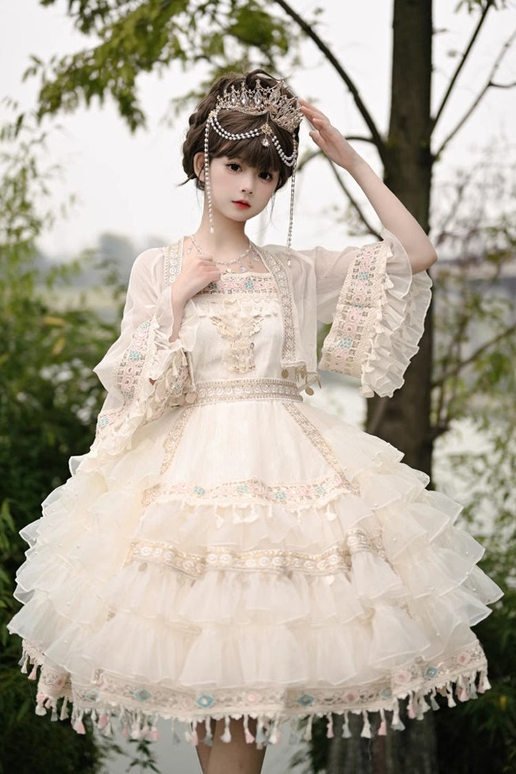 Apricot Princess Lolita Chiffon Skirt Set with Multi-Layer Ruffles and Bowknot Accents