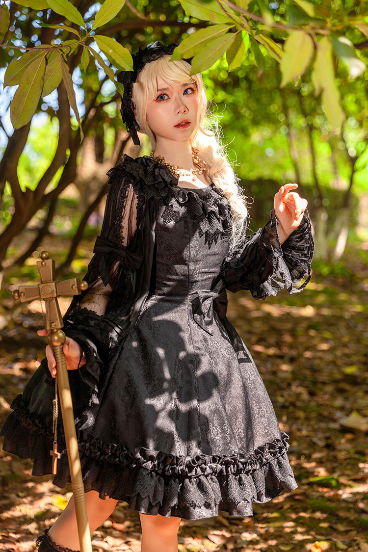Floral Canon Round Collar Sleeveless Jacquard Printed Ruffled Bow Gothic Lolita Jsk Dress - Black