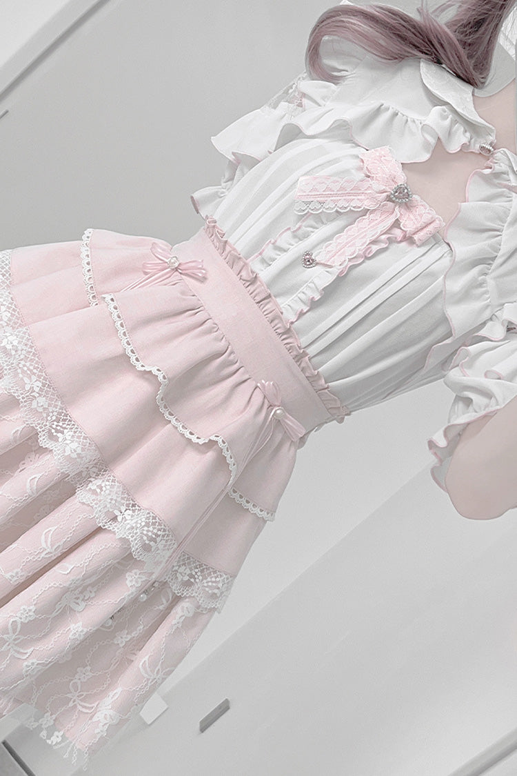 Pale Pink & White Short-Sleeve Triple Ruffled Bow Lace Jirai Kei Skirt Ensemble