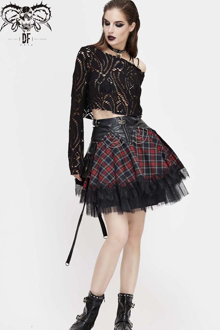 Jet-Black Punk Shirt with Lace-Up Straps and Cutout Collar for Women