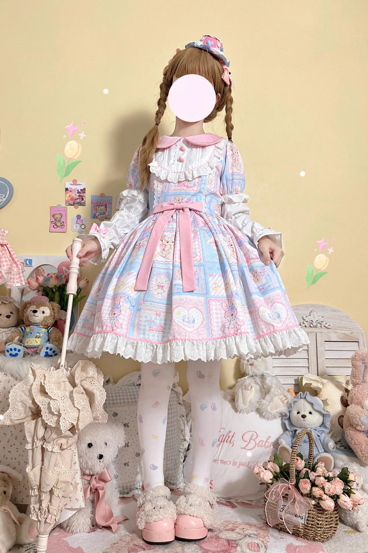 Lapel Collar Long Sleeve Printed Bow Sweet Lolita Dress