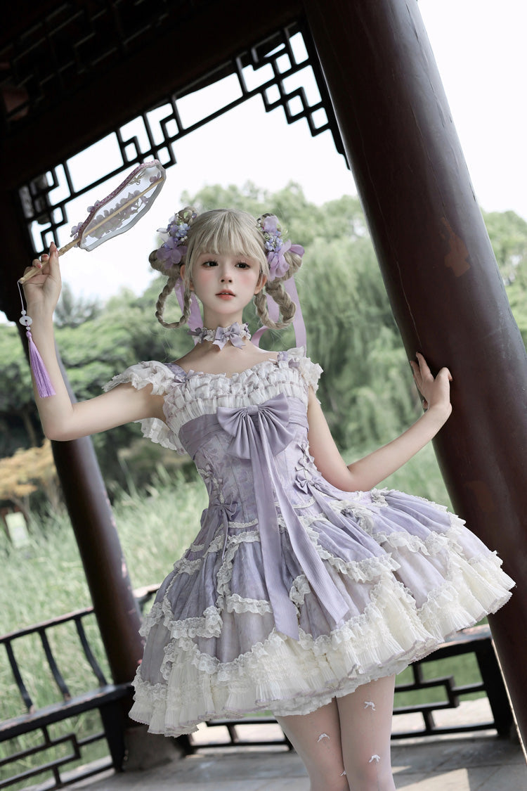 Floral Dream Violet Multi-Layered Ruffle Embroidery Lace-Up Ballet Lolita JSK - Floral Dream