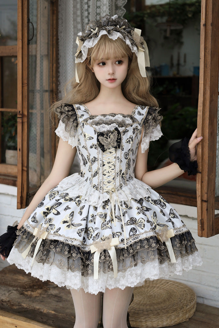 Cream Sleeveless Print Ruffle Bowknot Lace-Up Sweet Princess JSK Dress Set