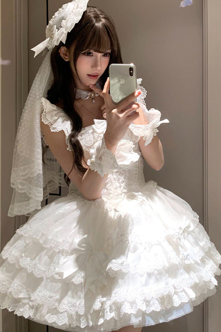 Ivory Double Ruffle Bow Lace Lace-Up Sweet Ballet JSK