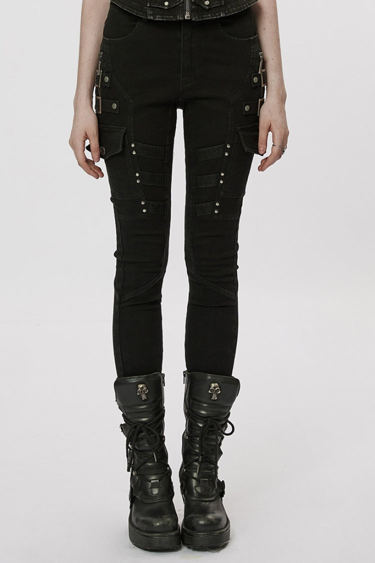 Women's Punk Buckle Jeans, Black with Pocket Detail