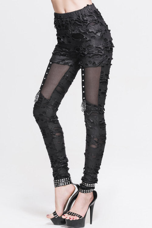 Ripped Knit Pants with Skeleton Palm Motif