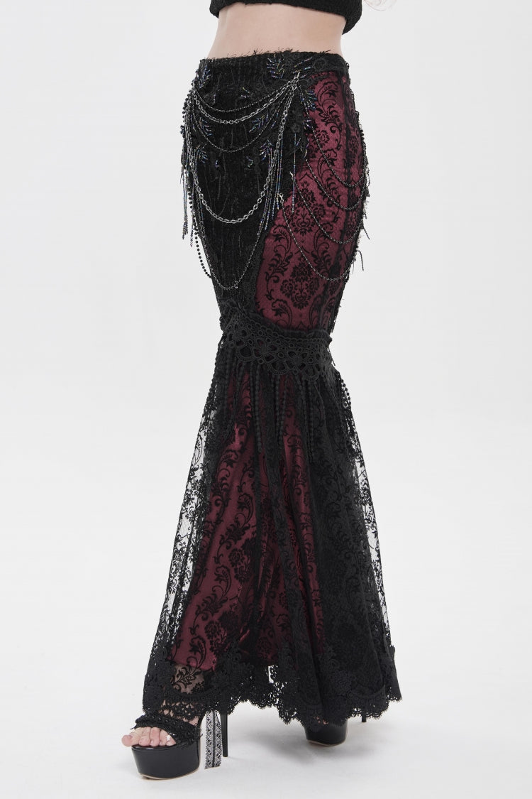 Noir & Red Embroidered Pearl-Adorned Slim Gothic Skirt